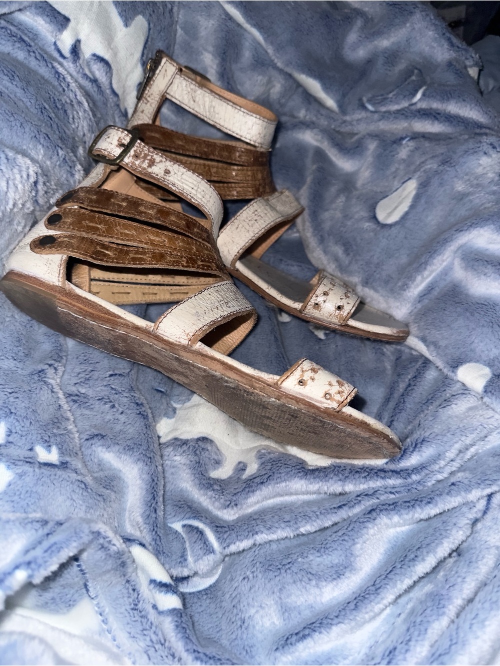 Bed Stu Two-Tone Brown and White Strappy Wedge Sandals